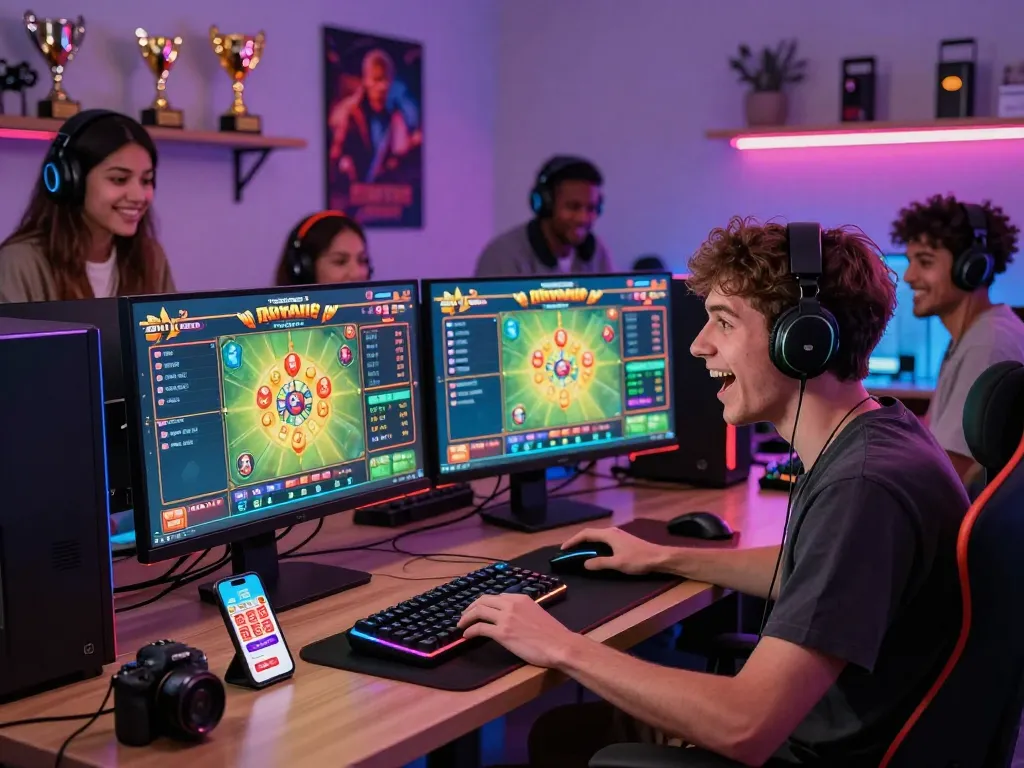 Engaged friends playing online lottery on tot88 app in a vibrant gaming room.