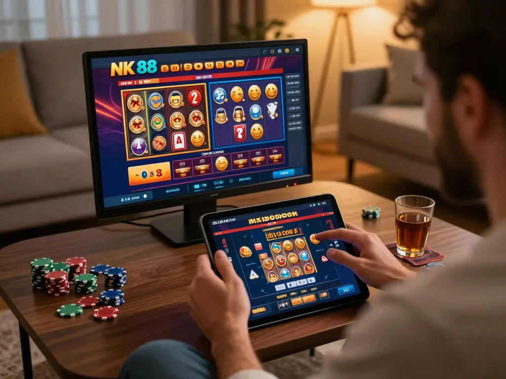 Player engaging with NK 88 online slots on a tablet in a cozy home setting