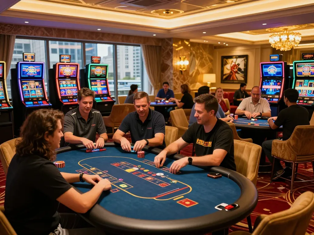 Experience the excitement at trang chủ ok365 with players strategizing at a sophisticated casino lounge