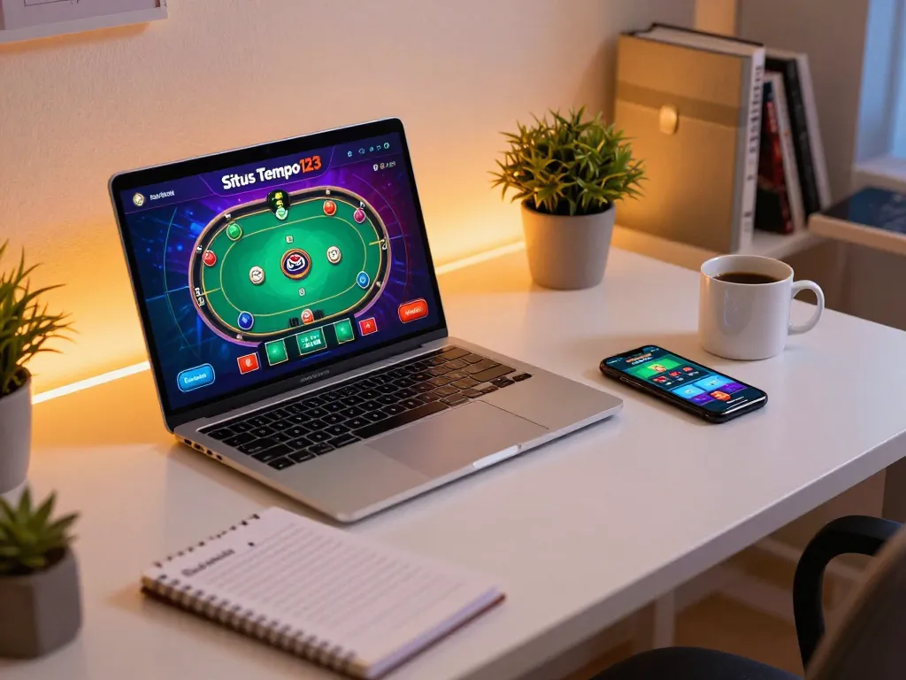 Situs Tempo123 online poker strategy session with a laptop and notebook