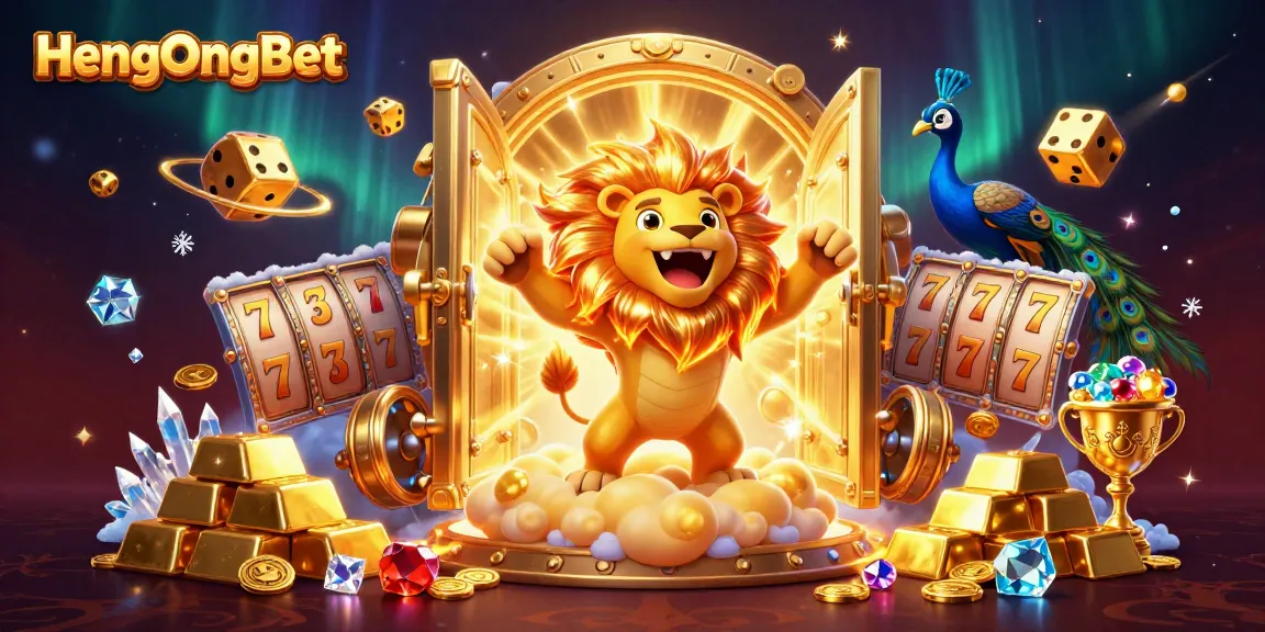 Experience exciting gameplay at HengOngBet with slot reels and golden treasures in a dazzling casino illustration.