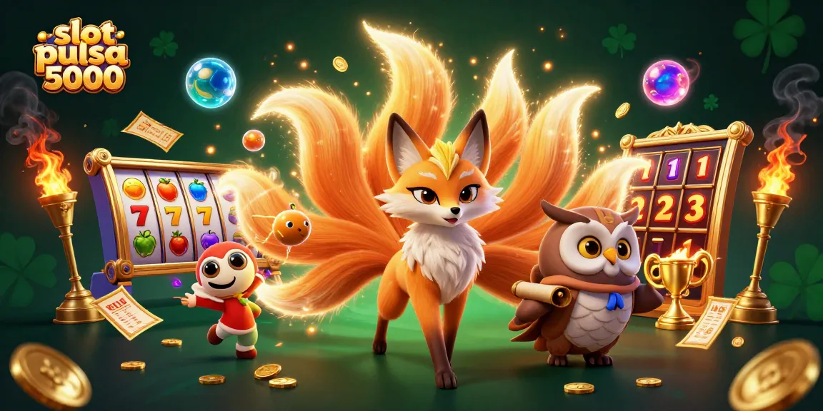 Slot pulsa 5000 hadir dalam ilustrasi penuh warna, menampilkan karakter unik dan elemen permainan slot yang berlimpah.