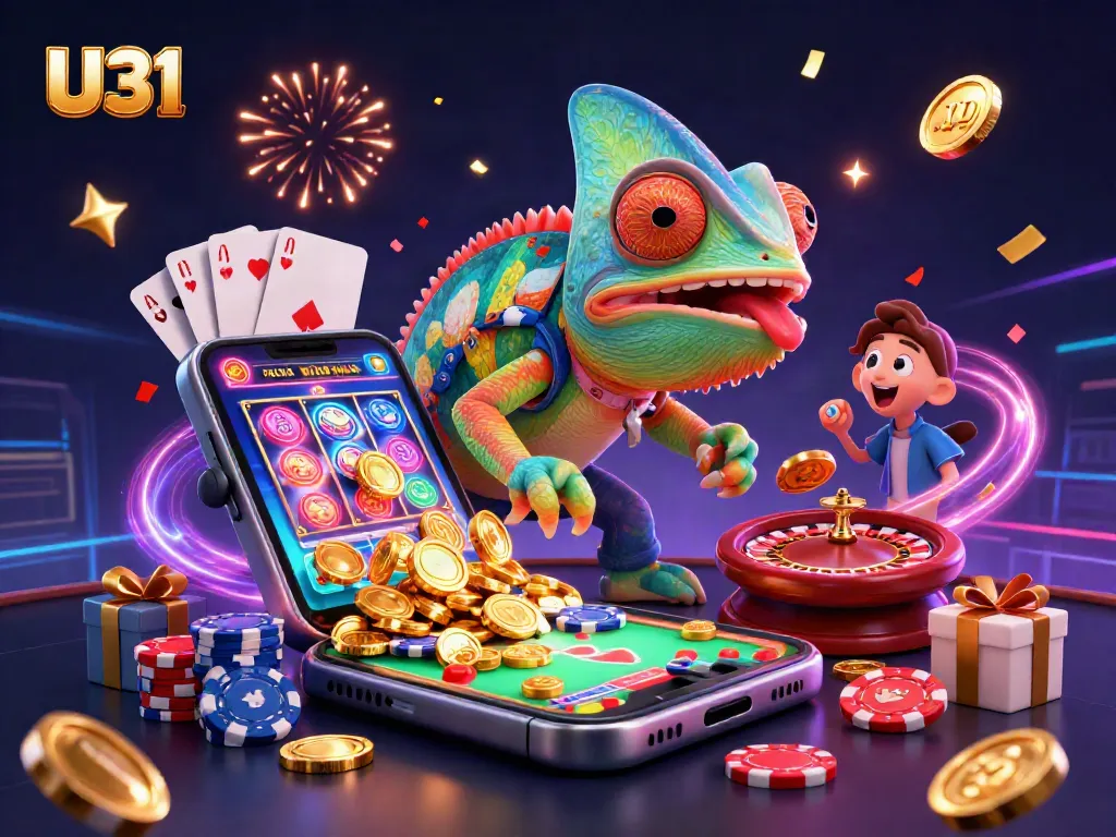 Experience U31 with a vibrant scene showcasing a chameleon casino owner and dynamic gaming elements.