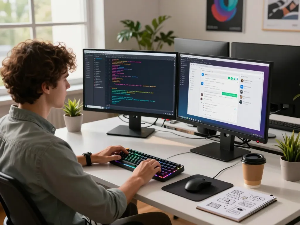 Developer engaging with juicy ai technology in modern workspace with code and chatbot design.