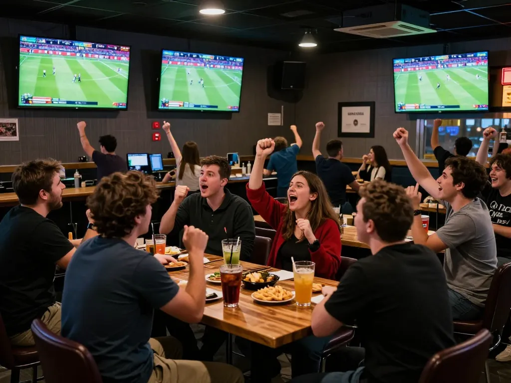 Xoilac fans cheering during a thrilling football match at a sports bar.