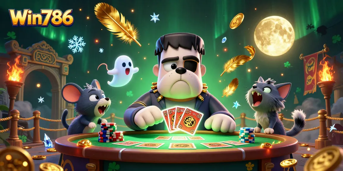 Win786 Casino illustration featuring a whimsical scene with characters in a vibrant casino atmosphere.