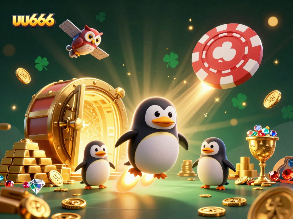 Experience the vibrant uu666 gaming universe with a golden penguin racing towards a casino chip space station surrounded by treasures.
