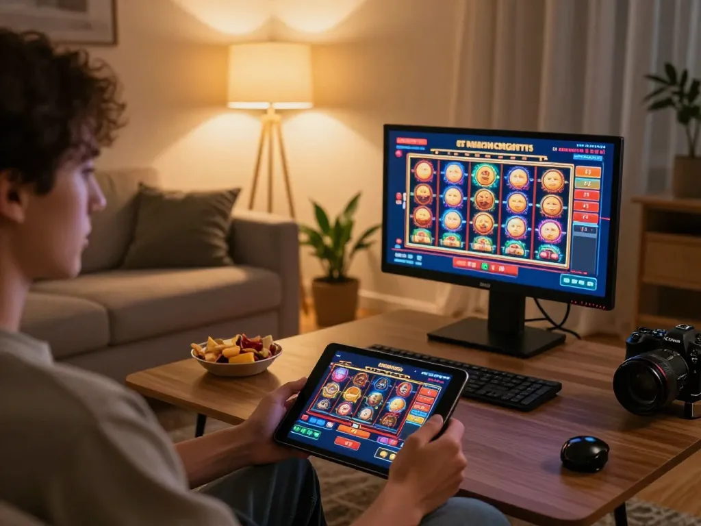 Engaged player using lc88 for online casino gaming on a cozy tablet setup.