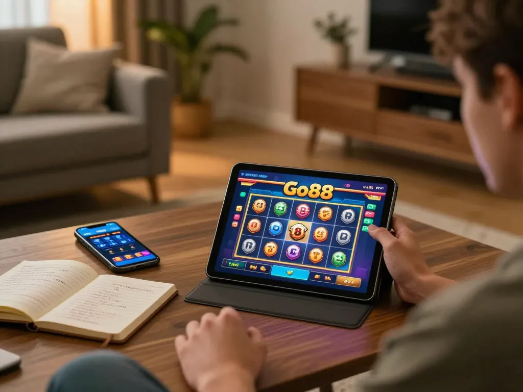 Go88 player engaged in online slots gaming with tablet and strategic notes in a cozy home setup