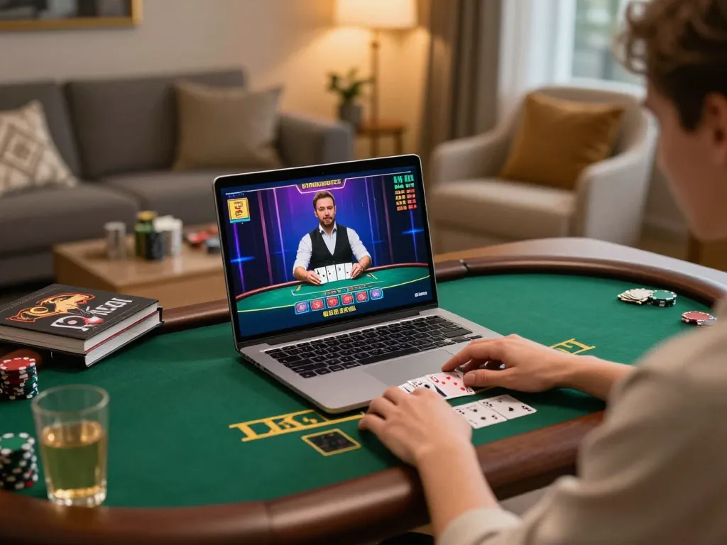 Engaging in online blackjack on a laptop, showcasing tg88 gameplay with stylish desk setup