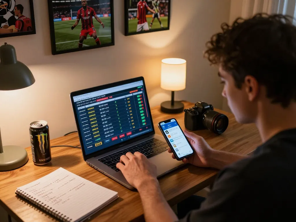 Soi kèo sports betting setup at home, person analyzing odds on laptop with smartphone in hand