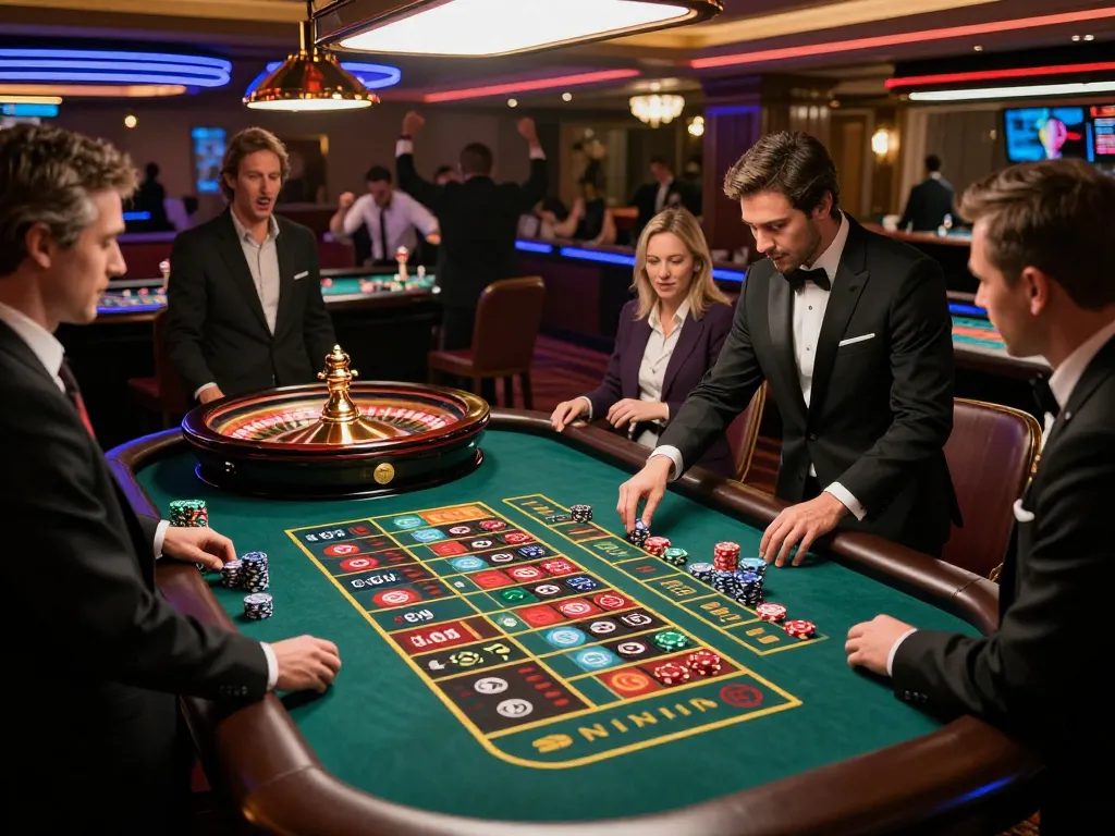 Players engaging in high-stakes bets at a vibrant dh88 roulette table in a luxury casino.