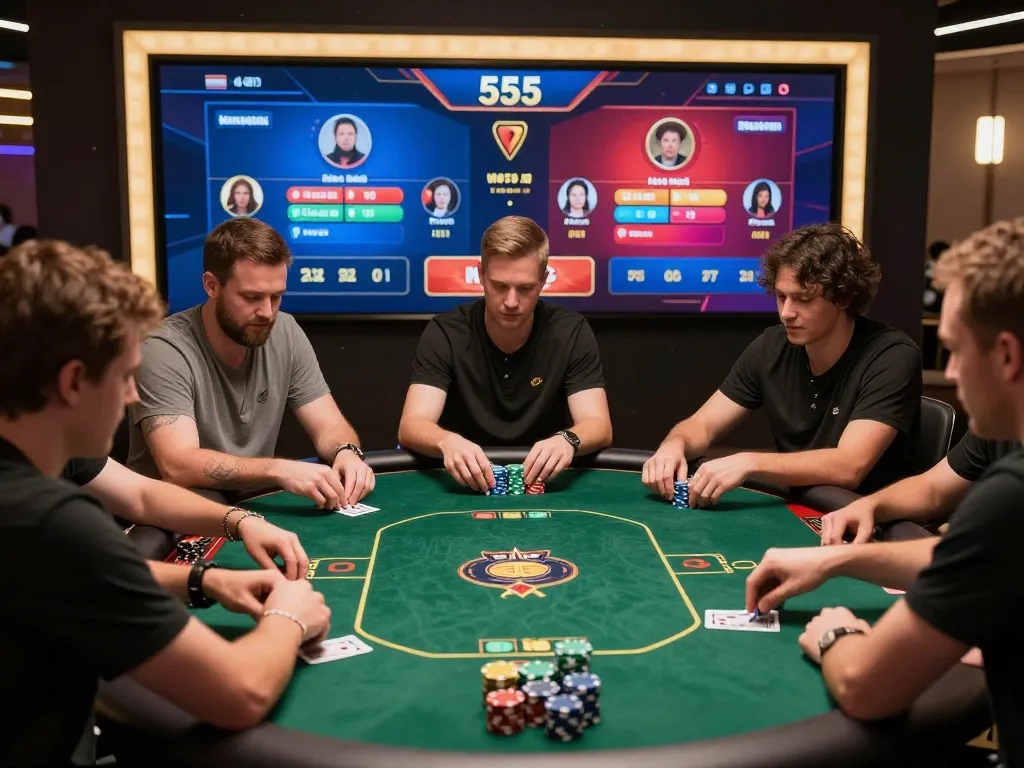 Players engaged in strategic poker gameplay on 555win's online platform, showing dynamic action and competitive spirit