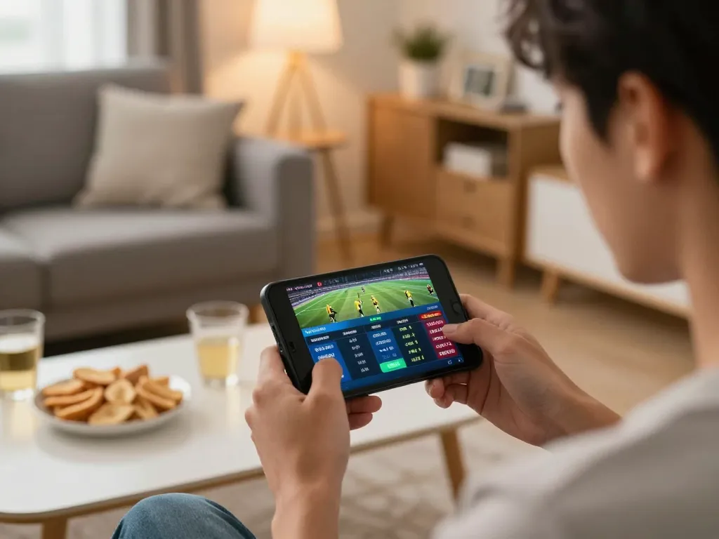 Kuwin user engaging in live sports betting on smartphone in a cozy home setting