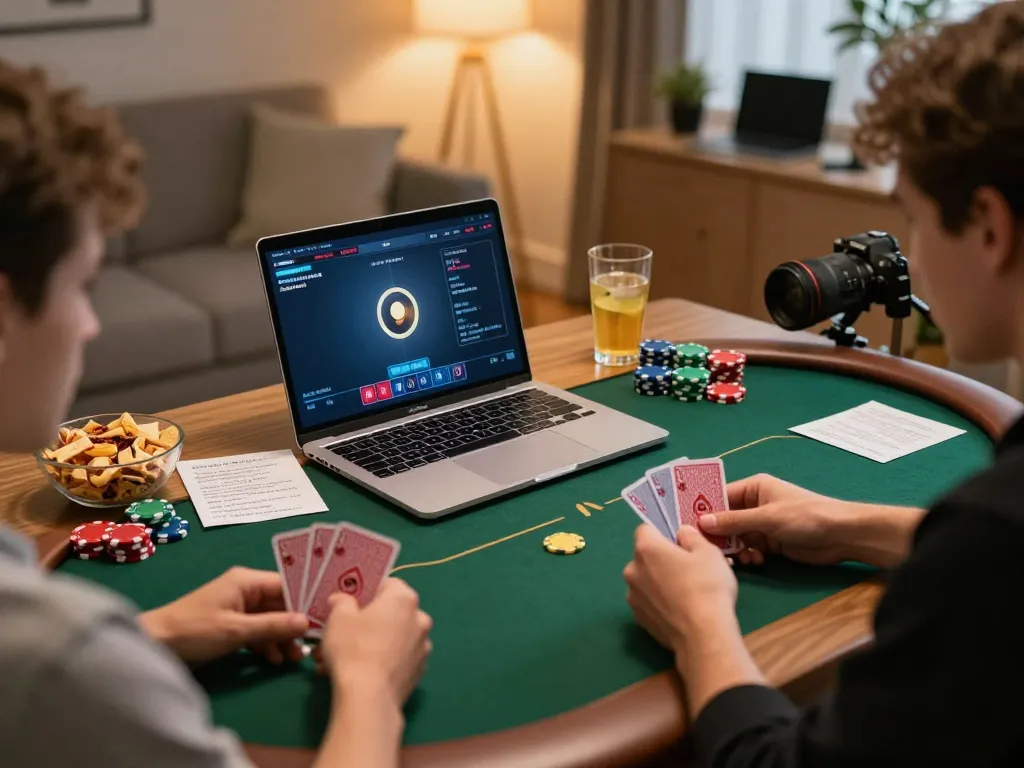 Suasana permainan poker RANDOM88 menunjukkan pemain yang terlibat dengan kartu dan chip dalam pengaturan rumah yang nyaman.