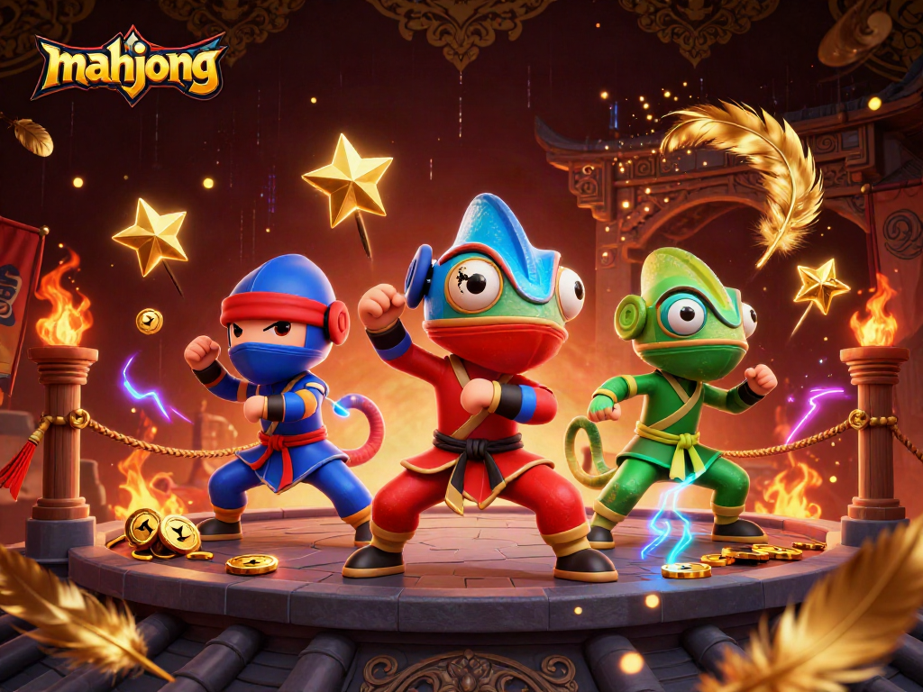 Engage in thrilling mahjong gameplay with chameleons amidst casino elements in this dynamic illustration.