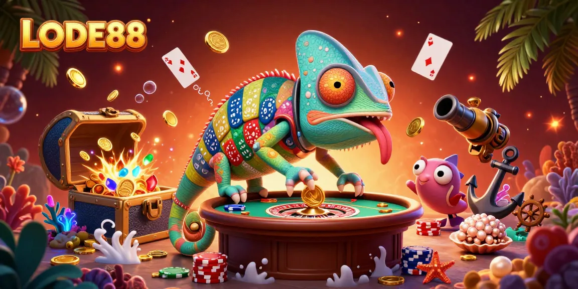 Experience the vibrant world of LODE88 as the chameleon casino owner captures golden coins.
