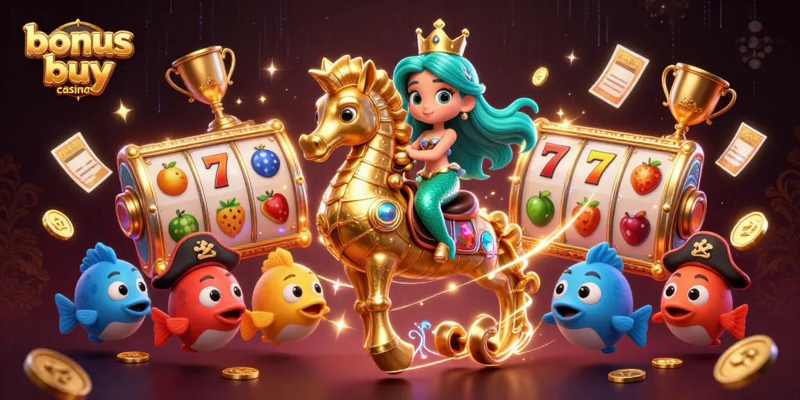 Engage with bonus buy casinos featuring a vibrant 3D mermaid princess riding a seahorse amidst slot reels.