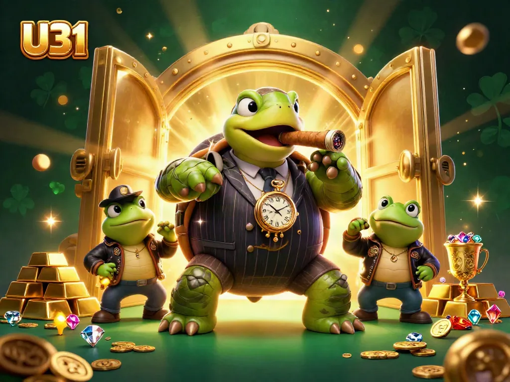 Engage with U31's thrilling casino experience, featuring a snapping turtle in a mobster suit and vibrant jewels.