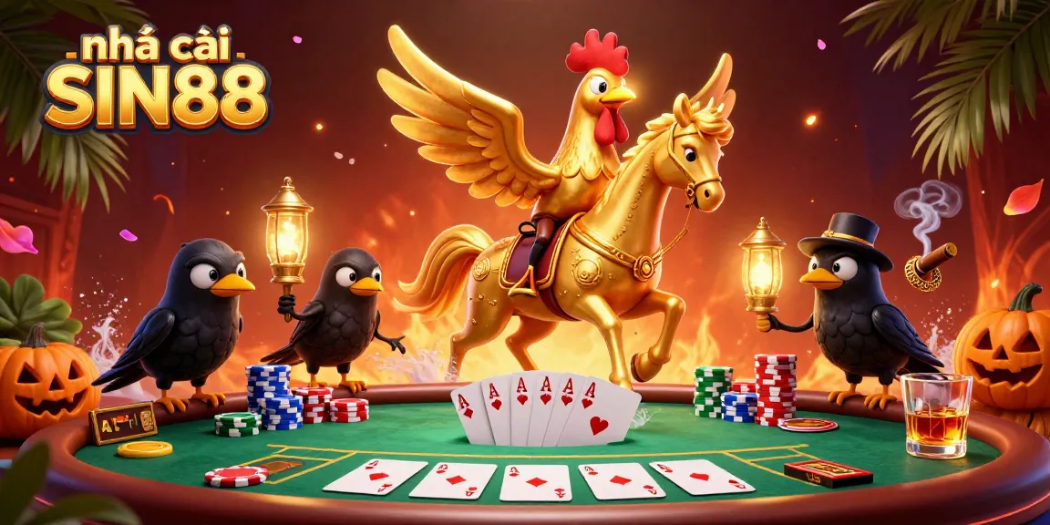 Experience the excitement at nhà cái SIN88, where golden rooster headless horsemen create a lively casino scene.