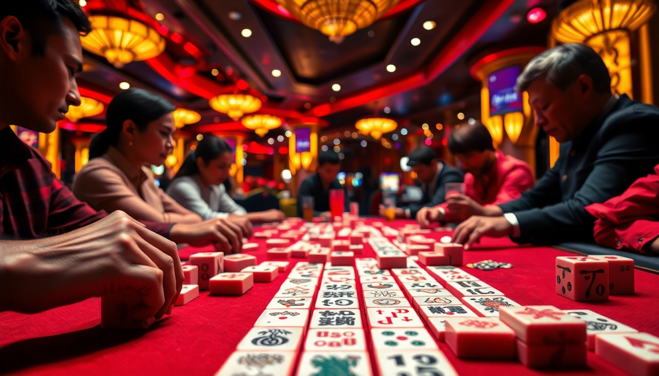 Permainan mahjong kompetitif di kasino, mahongtoto ditampilkan di atas meja dengan fokus yang tajam.