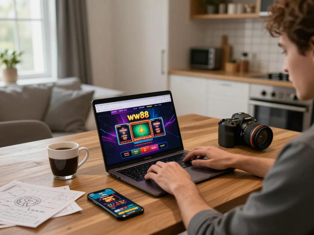 Engaging moment of a player expertly navigating the ww88 online casino from home with strategy notes.