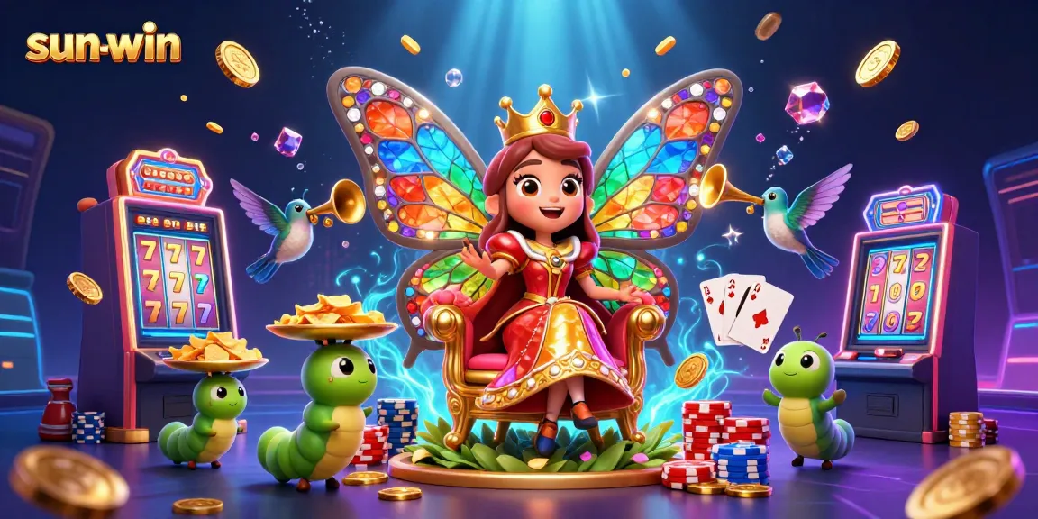 Experience thrilling wins at sun-win with a vibrant 3D scene showcasing colorful gaming elements and enchanting characters.
