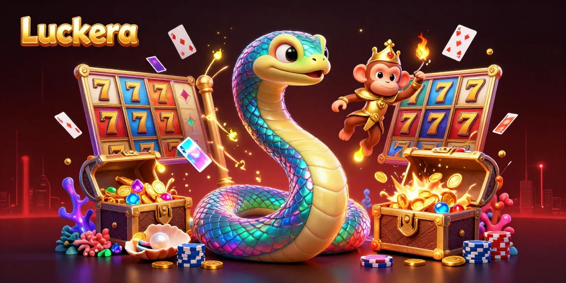 Experience Luckera’s vibrant slot realm with a colorful rainbow serpent and playful monkey, enhancing gaming magic.