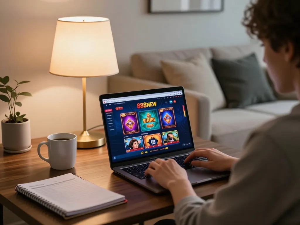 Engaged user playing on 888NEW online casino platform at home with vibrant game display.