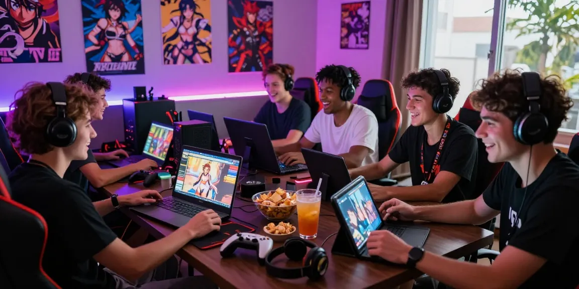 Friends enjoying gay hentai games in a vibrant gaming room filled with anime artwork and snacks.