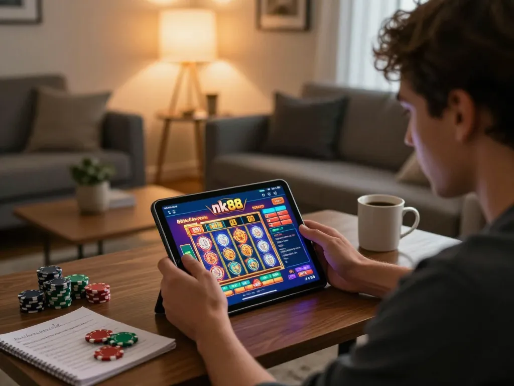Player engaged in nk88 online gaming on tablet, showcasing an exciting home casino experience.