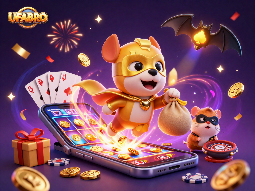 Experience UFABRO's thrilling gaming scene with a superhero dog collecting gold coins amidst casino action.