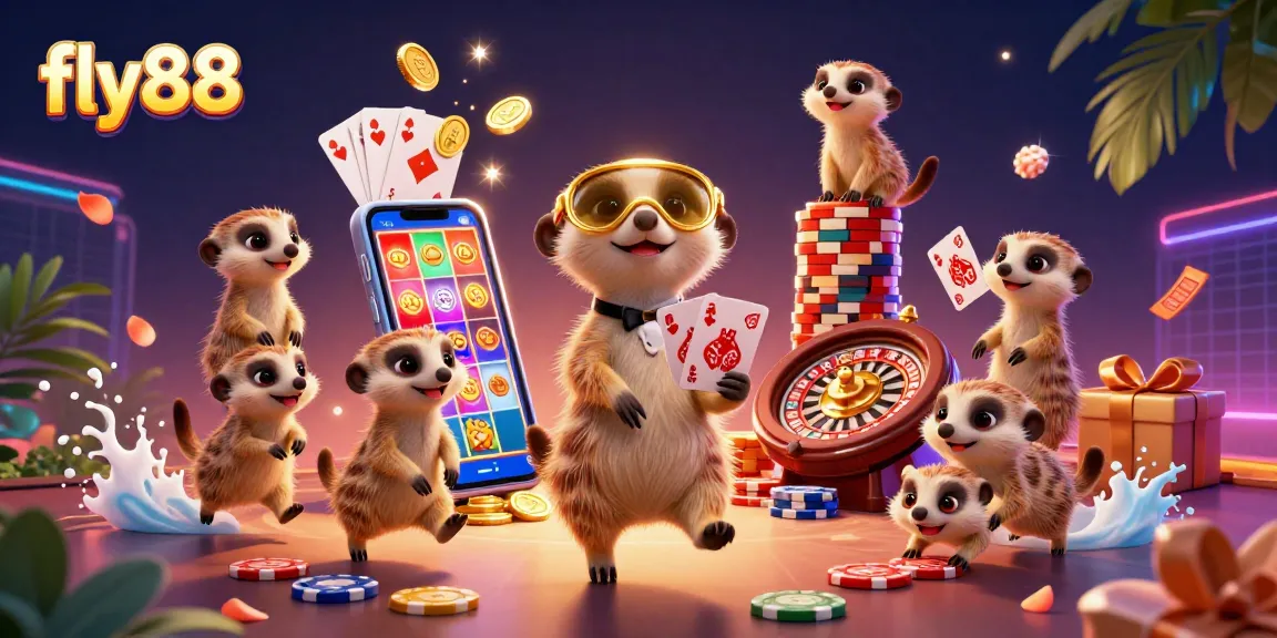 Experience thrilling adventures at fly88's vibrant casino with meerkats engaging in gaming excitement.