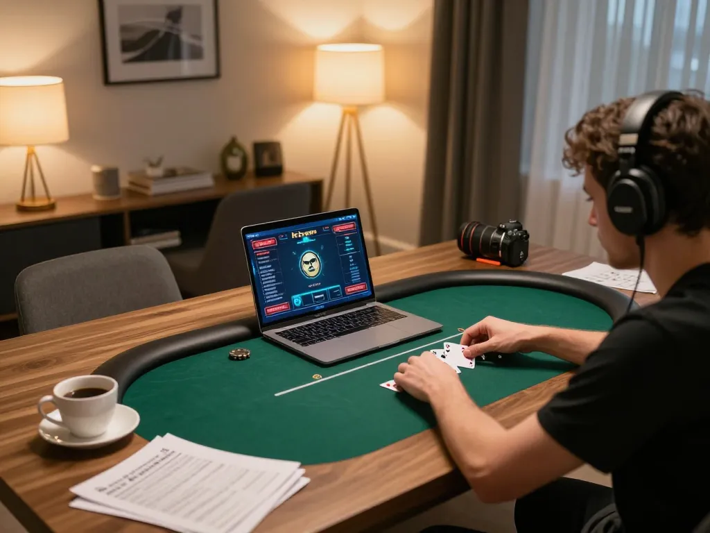 Player enjoying rich poker gameplay on rik vip platform at home, showcasing a cozy online gambling atmosphere