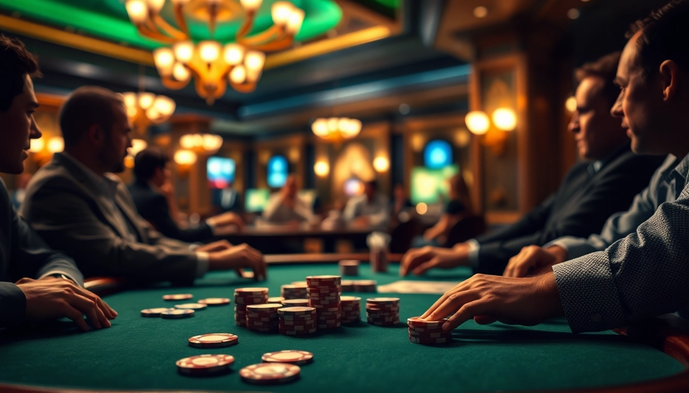 Experience a thrilling poker game with players in an elegant casino setting, showcasing action and excitement.