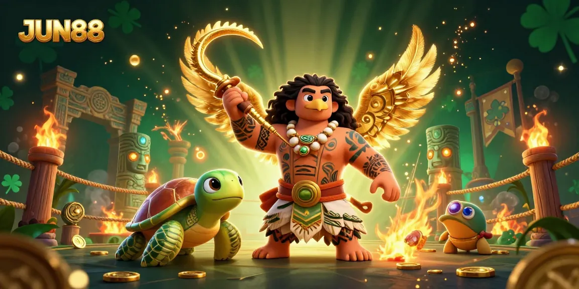 Engage in thrilling gameplay at JUN88 while watching an epic scene of a demigod and turtle in a vibrant casino.