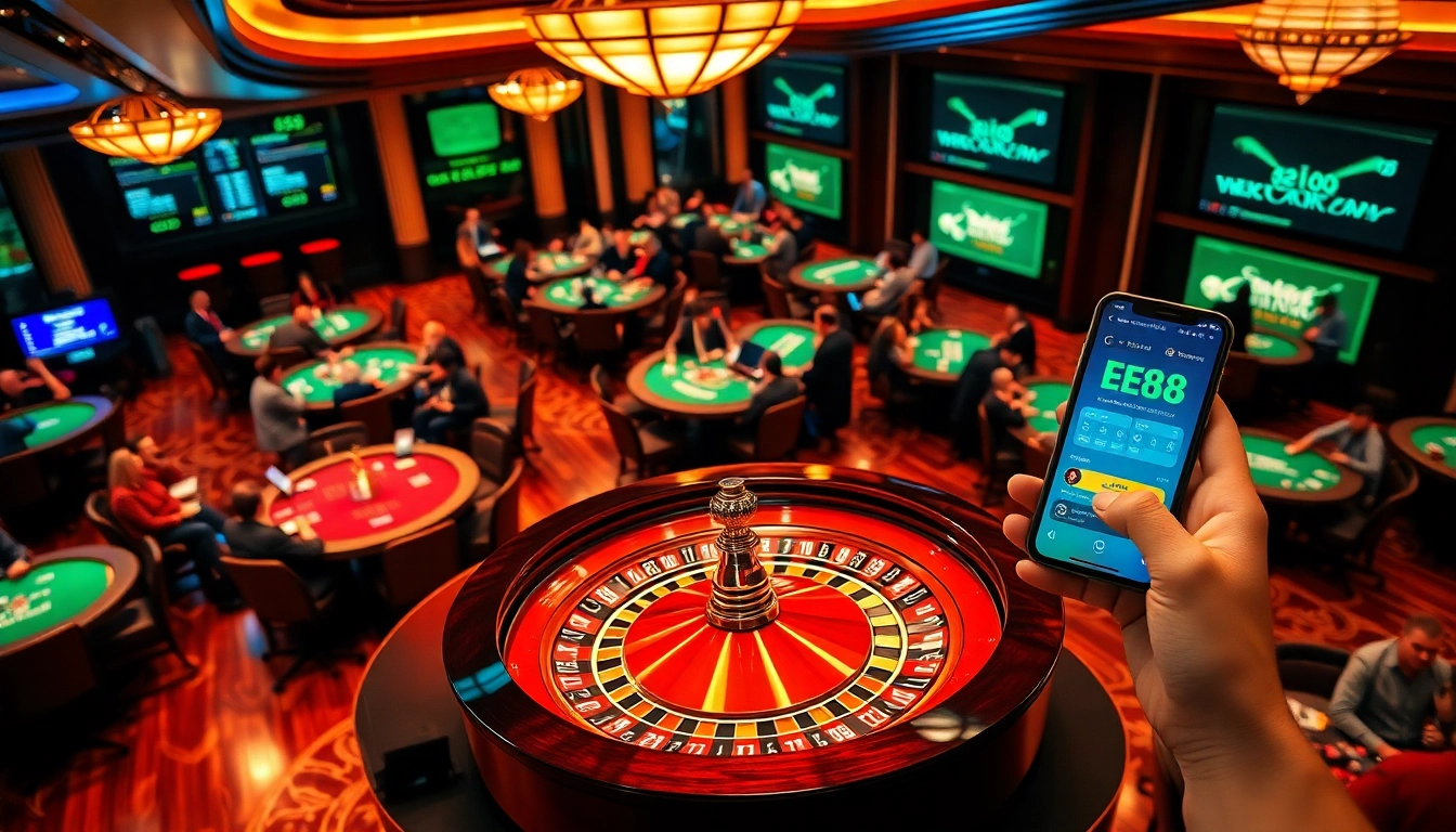 EE88 mobile gaming interface displayed amidst a lively casino setting with poker and roulette tables.