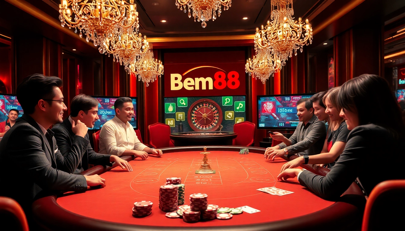 Exciting casino scene with players at a Bem88 poker table, chips, and luxury ambiance.