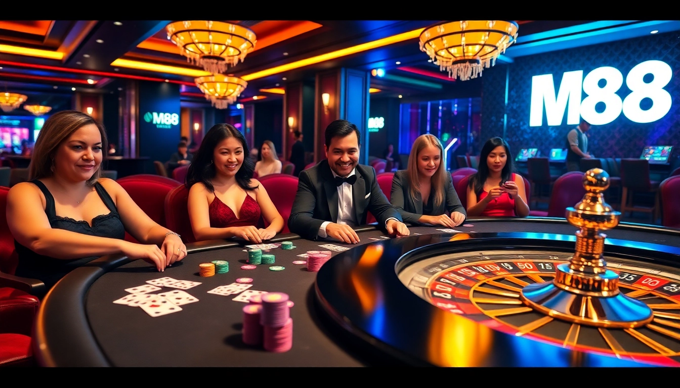 M88 players celebrating a win at a vibrant casino gaming table with colorful poker chips.