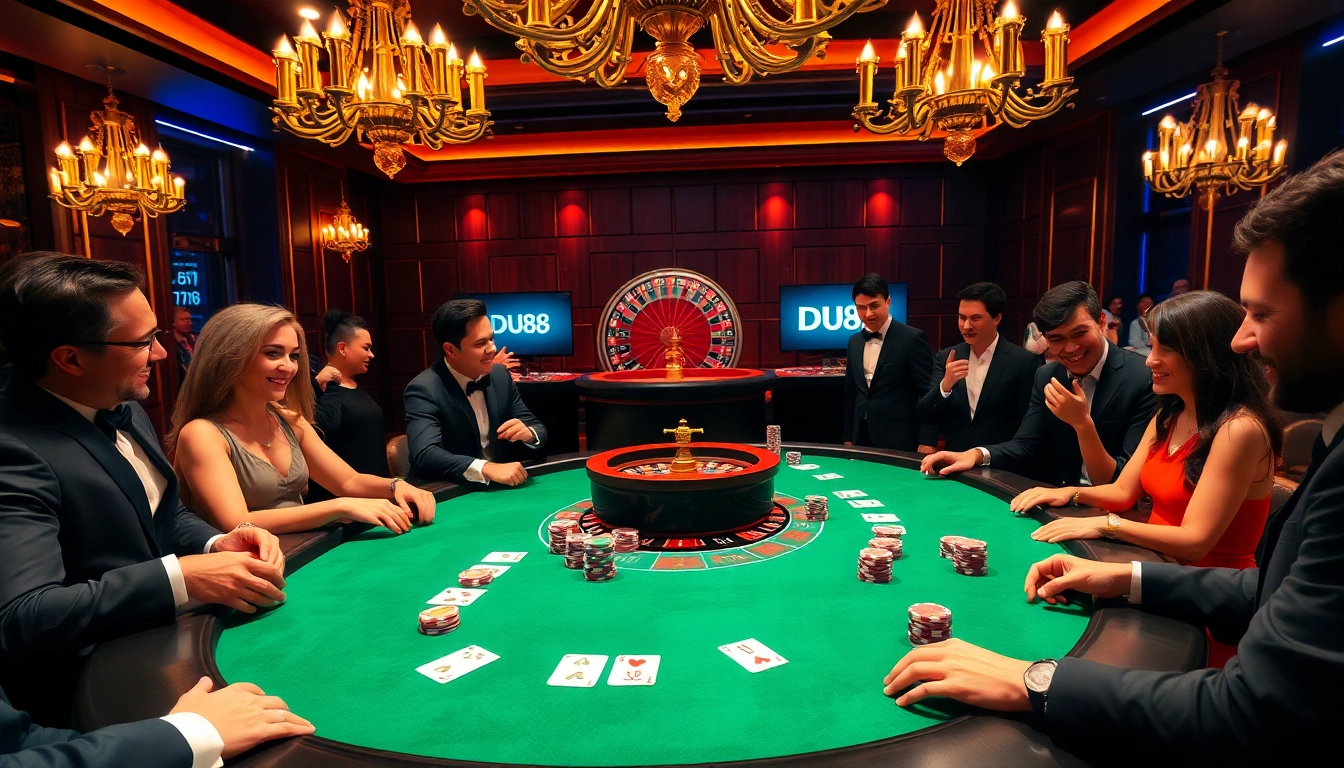 High-stakes poker game featuring DU88 chips and elegant players in a luxurious casino.