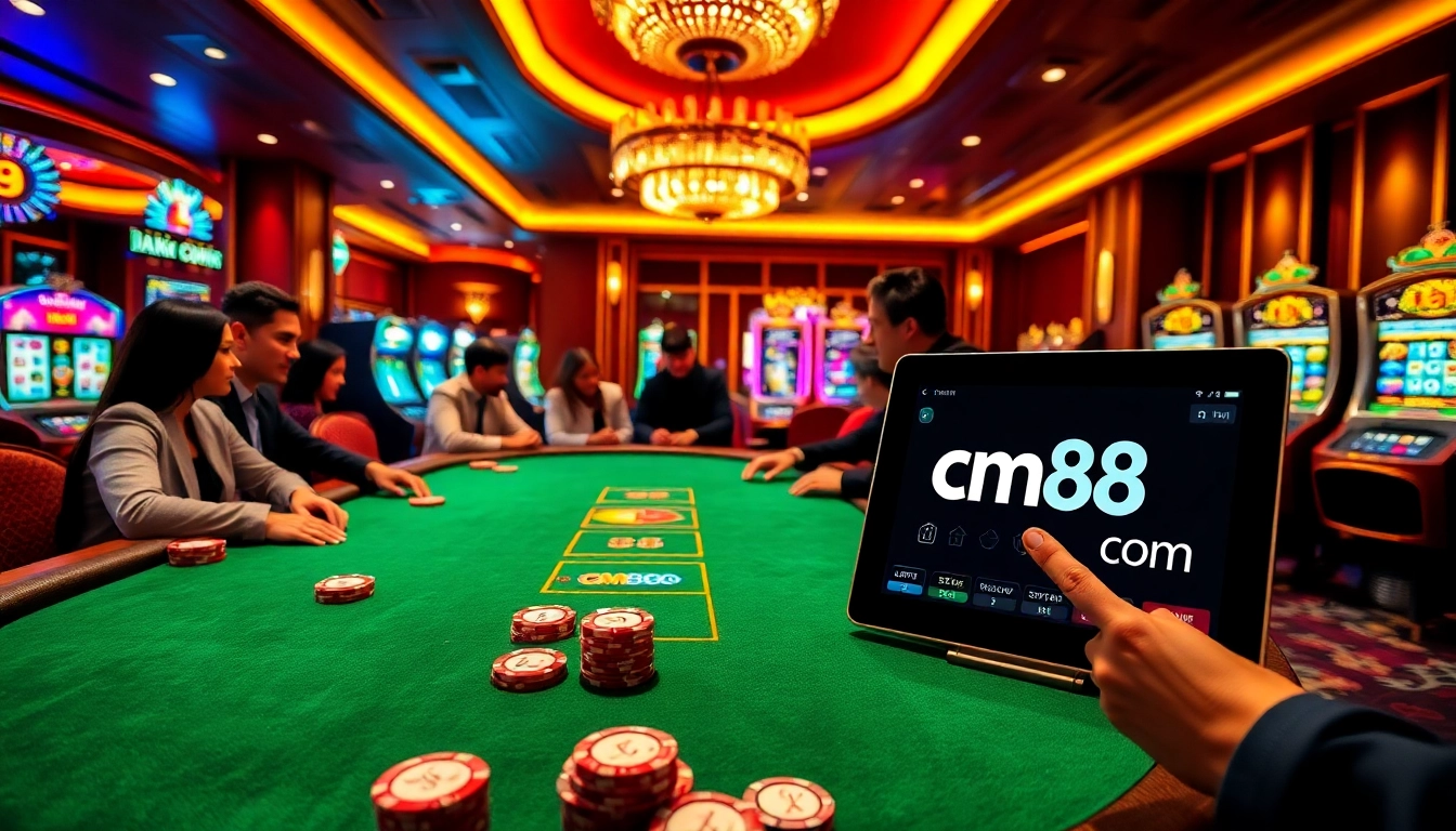 Exciting casino scene with a blackjack table and online interface showcasing cm88 com.