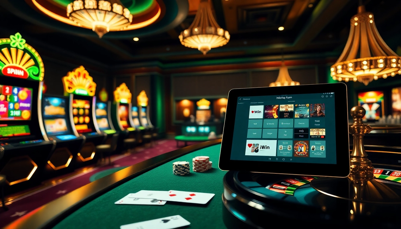 Experience iWin's thrilling online casino atmosphere with vibrant slot machines and elegant game tables.