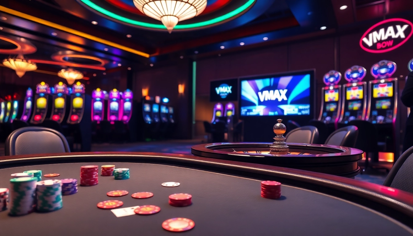 VMAX casino scene with poker table, roulette wheel, and vibrant slot machines generating excitement.