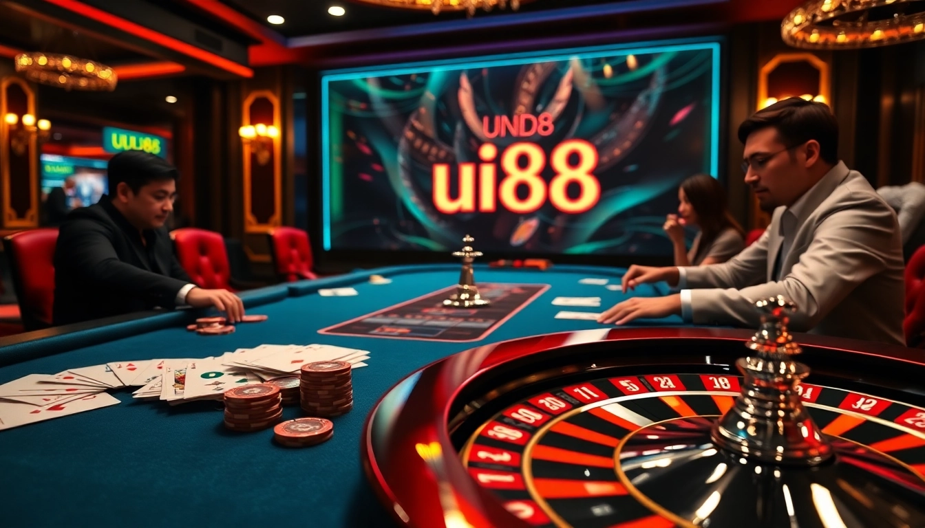 Players enjoy high-stakes poker at a luxurious casino scene highlighting uu88 gaming platform offerings.