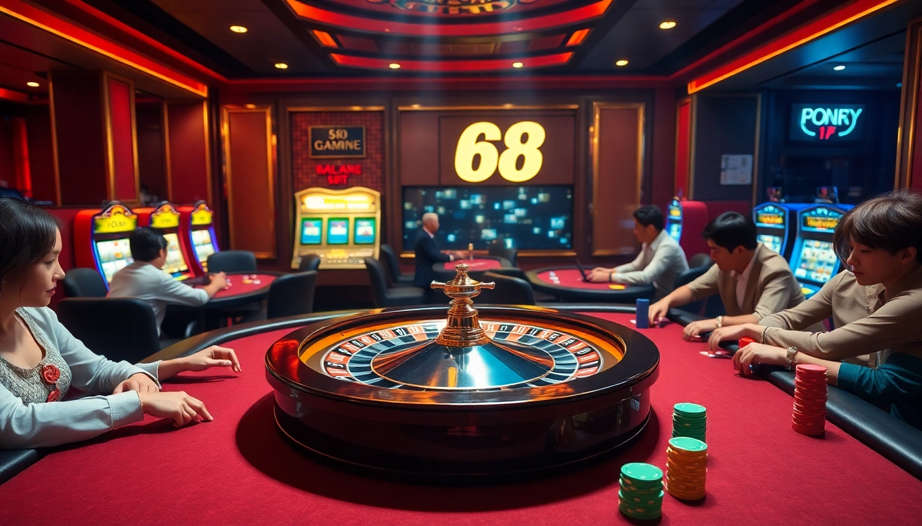 Experience thrilling gameplay with 68 game bài at a lively casino filled with poker tables and slot machines.