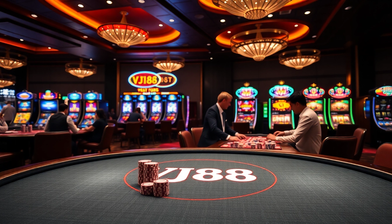 Players enjoying a thrilling poker game at VJ88 casino, showcasing lively gameplay and vibrant atmosphere.