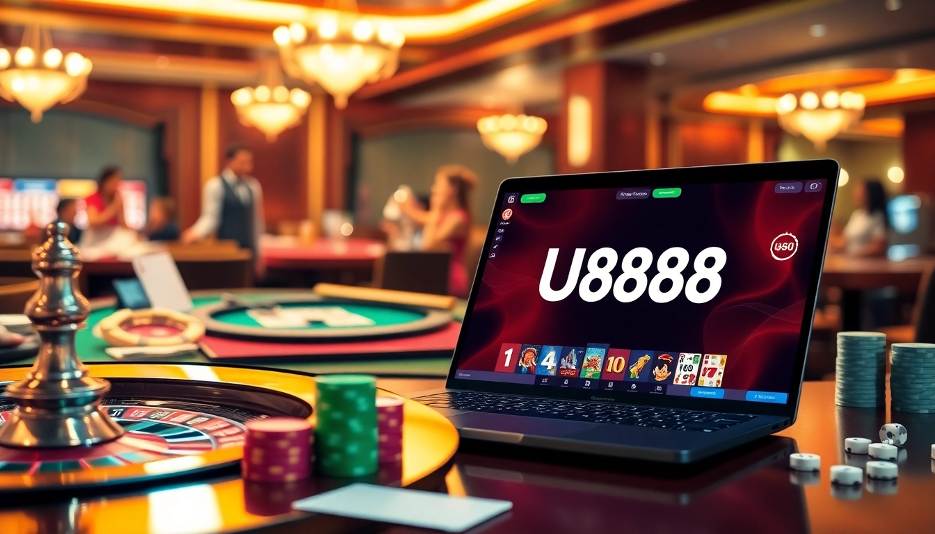 Experience the excitement of U888 online gaming with vibrant casino elements and a luxurious atmosphere.