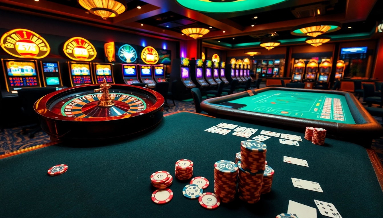 Experience excitement at b52club with vibrant casino tables, poker chips, and a roulette wheel.