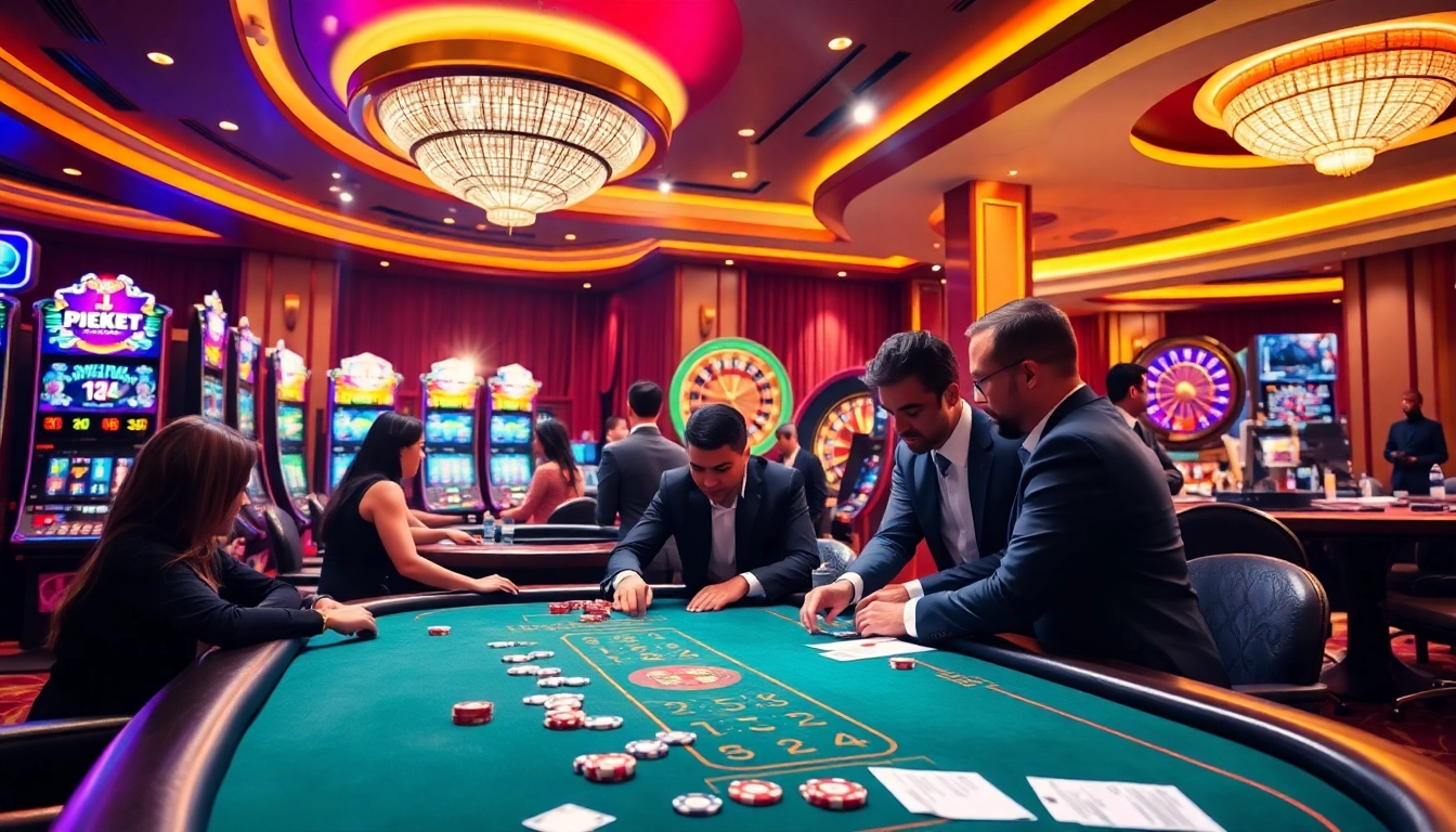 Players enjoying high-stakes poker and vibrant slot machines at https://23win8b.com/ casino.