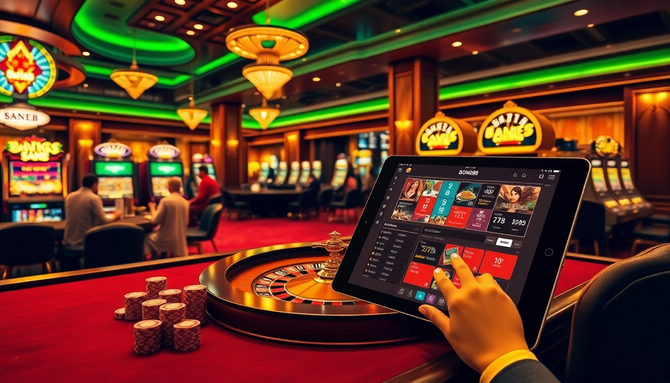 Bong88 players enjoying thrilling games at a luxurious casino with vibrant slot machines and a roulette table.